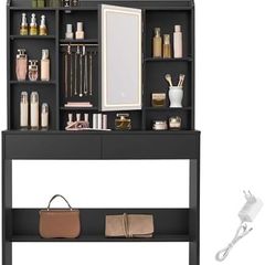 LED Dressing Table with Lighting, Mirror with LED, 2 Drawers Adjustable Shelves Black Ink 3 Colours with Adjustable Brightness