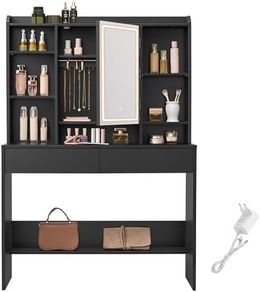 LED Dressing Table with Lighting, Mirror with LED, 2 Drawers Adjustable Shelves Black Ink 3 Colours with Adjustable Brightness