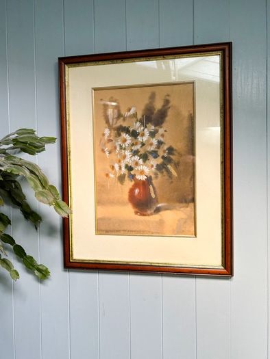 Original Vintage Watercolour Painting Still Life Daisies in Terracotta Vase Signed