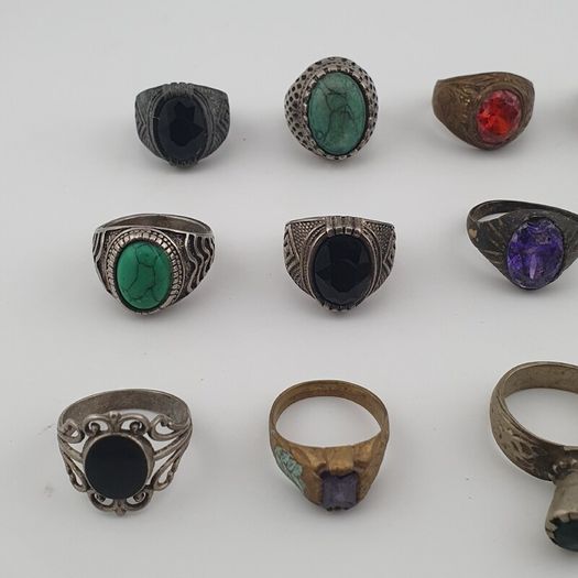 Antique Ring Lot of 15 Rustic Brass & Glass Jewellery
