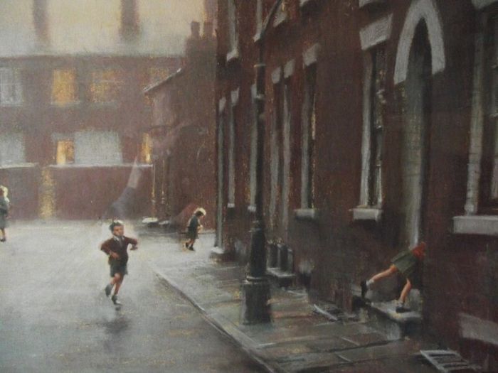 Marc Grimshaw - Original Pastel of - Children In A Rainy Street - Signed