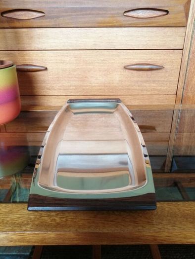 Vintage DKF Lundtofte Danish Stainless Steel Serving Dish Teak Handles