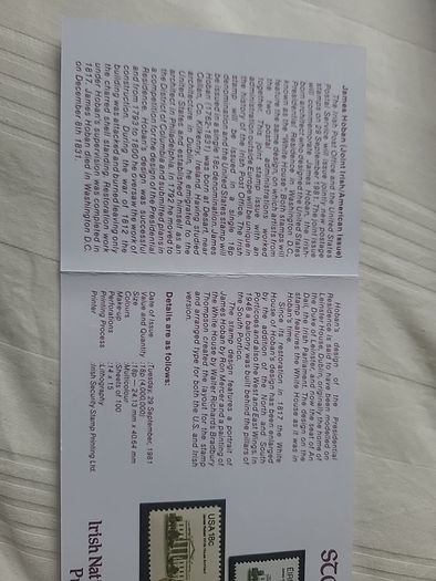 Very rare - Joint Irish and USA release of James Hoban stamp 1981 presentation pack limited edition 3 stamp pack