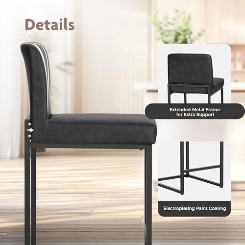 24 Bar Stools Set of 2 Breakfast Chair Pu Leather Kitchen Stools with Backs Bar Stool with Footrest for Kitchen Counter Sturdy Metal Steel Frame, Black