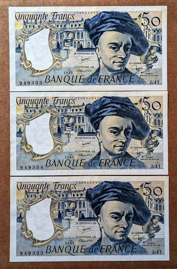 FRANCE - Lot Set of 3 Banknotes: 50 Francs 1985 P 152b Consecutive Serial# (AU)
