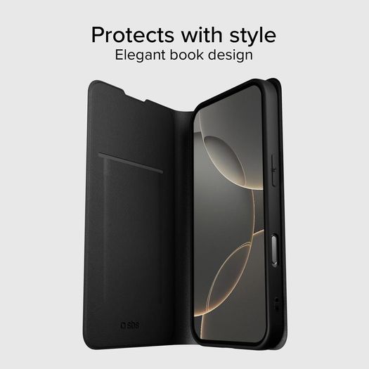 SBS Wallet Smooth Case for iPhone 15 - Soft Touch Finish with Card Slot, Built-in Stand, Magnetic Closure, Easy Access to Buttons, Black