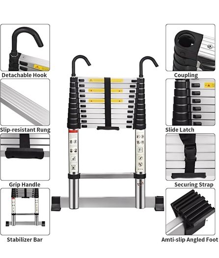 Telescopic Ladder 4.1M 13.5FT Aluminium Extension Loft Ladder with Stabilizer Bar and Detachable Hooks, Multi Purpose Extendable Portable Folding Ladders, EN131 (4.1M/13.5FT)