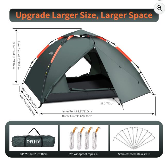 Cflity Camping Tent, 3 Man Instant Pop Up Tent Waterproof Three Layer Automatic Dome Tent, Large Lightweight 4 Seasons Tent