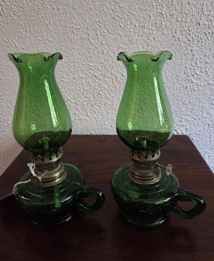Pair Small Early Vintage Emerald Green Oil Lamps