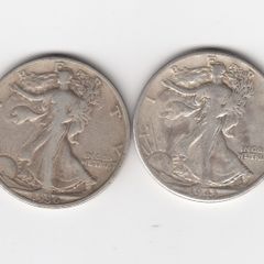 USA, 2 x Half Dollars, 1936,&1943, 90% silver coins (no. 453)