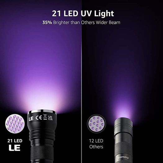 21 LED 395nm UV Torch, Black Light Detector for Pets Urine, Stain, Bed Bugs on Carpet or Floor, Fake Banknote and More, Valentines Day Gift, 3 AAA Batteries Included (FREE SHIPPING)