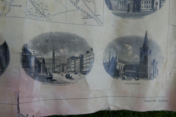 Antique DUBLIN. Map of Dublin & Suburbs with 22 vignettes of Dublin landmarks. Published by Edward Heffernan, 1st June, 1868, 12 Charleville Road, Rathmines. 28" x 22,5". Linen backed. Frayed at edges