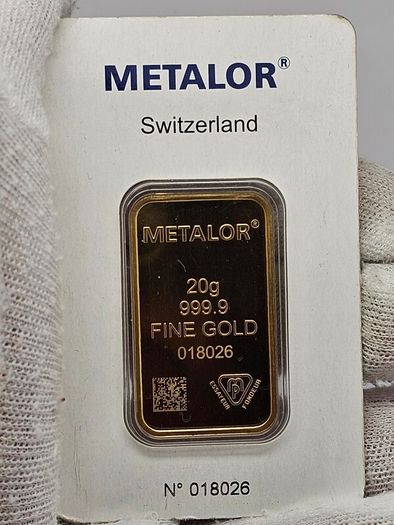 Metalor Switzerland 20 Grams 999.9 Gold Bar Sealed in Original Holder
