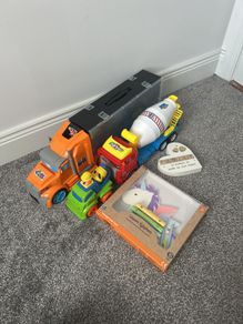 Hot wheels car trucks bundle cement trucks and Unicorn Xylophone