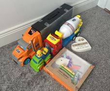 Hot wheels car trucks bundle cement trucks and Unicorn Xylophone