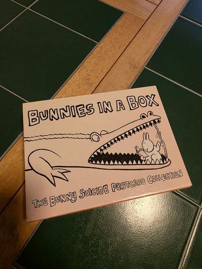 Bunnies in a Box dark humour postcards