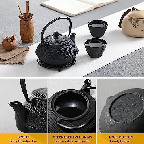 Iron Teapot set, Traditional Japanese Tetsubin Tea Kettle Cast Iron Teapot with Stainless Steel Infuser, Antique Small Dot Design, 2 Iron Cups and Trivet Stand Tray, 700ML/ 24OZ