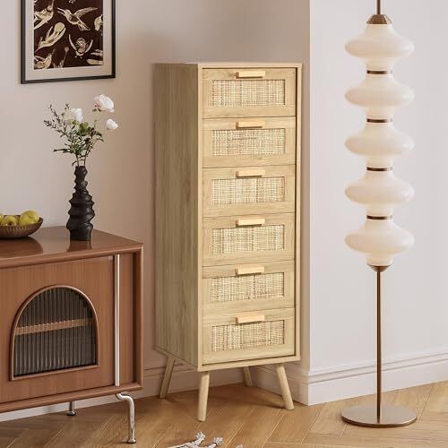 Rattan Chest of Drawers Bedroom, Tall Chester of Drawers with 6 Hand Made Rattan Decorated Drawers for Bedroom, Small Bedside Cabinet with Wood Legs, Natural