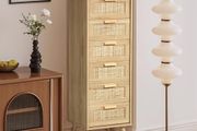 Rattan Chest of Drawers Bedroom, Tall Chester of Drawers with 6 Hand Made Rattan Decorated Drawers for Bedroom, Small Bedside Cabinet with Wood Legs, Natural