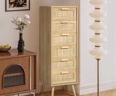 Rattan Chest of Drawers Bedroom, Tall Chester of Drawers with 6 Hand Made Rattan Decorated Drawers for Bedroom, Small Bedside Cabinet with Wood Legs, Natural