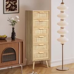 Rattan Chest of Drawers Bedroom, Tall Chester of Drawers with 6 Hand Made Rattan Decorated Drawers for Bedroom, Small Bedside Cabinet with Wood Legs, Natural