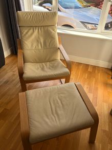 Cream leather armchair and matching footstool