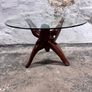 Mid-century Modern Accent Table Carved From Solid Teak With Interlocking Legs & Glass Top Image 3