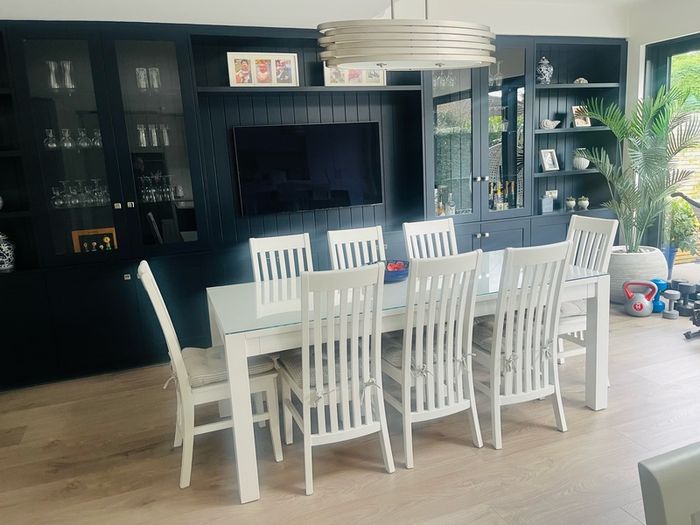 Solid oak dining chairs x 8