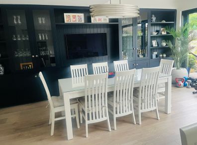 Solid oak dining chairs x 8