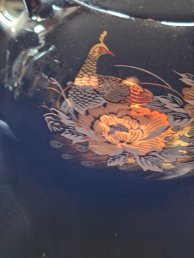 Chinese Porcelain Teapot peacock and floral patterns with gold black braided wicker or bamboo style handle, Postage Available or Collection
