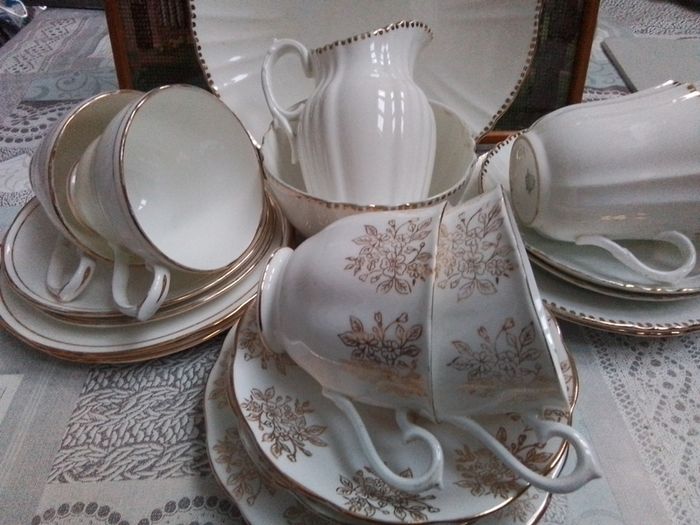 Mixed Set of White & Gold Teawares