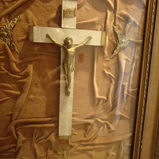 Vintage large convex framed crucifix, Jesus, religious devotional item