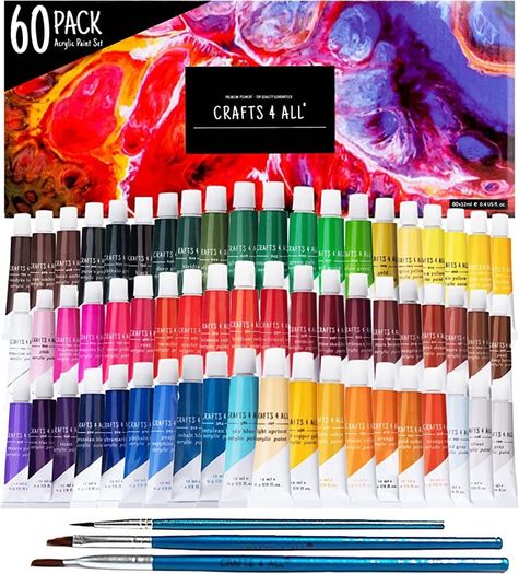 Acrylic Paint Set 60 Paints for Canvas, Wood, Ceramic And Fabric Non-Toxic, Vibrant Pigments for Beginners, Students and Professional Artists  Art Supplies (FREE POSTAGE)