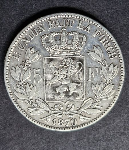 1870 Belgium 5 Francs - Leopold II small head Silver coin
