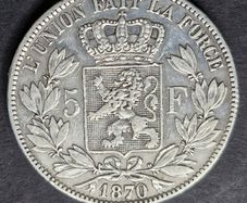 1870 Belgium 5 Francs - Leopold II small head Silver coin