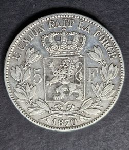 1870 Belgium 5 Francs - Leopold II small head Silver coin