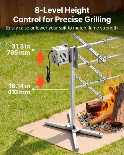 Electric Rotisserie Grill Kit, 8-Level Adjustable Height, 132lb Load Capacity, 38W Motor, Stainless Steel BBQ Spit for Outdoor Parties