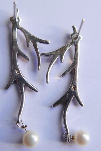 Vintage Sterling Silver 925 Antler Earrings Feature a Unique Branch-like Design Accented with Dangling White Pearls