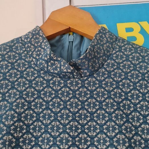 Topshop Boutique vintage retro peacock blue antique gold fit and flare mini dress formal S M 10