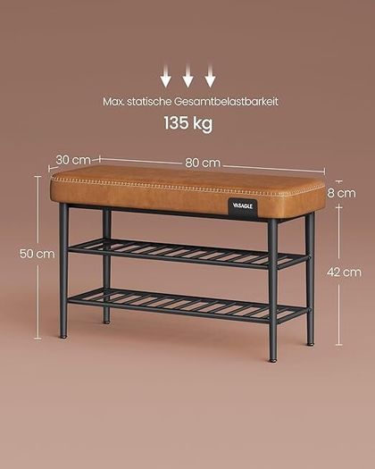 Shoe Bench, Seat, Entrance Area, Faux Leather, Seams, 60s Style, Modern, Maximum Load 135 kg, 30 x 80 x 50 cm,