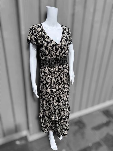 Pre Owned Savida Black & Cream Floral Midi Dress with Lace Detail
