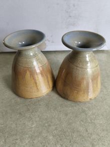Set of 2 Vintage OAK LEAF INISTIOGE Studio Pottery Hand Made Vase
