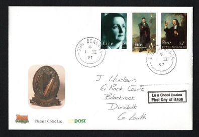1997 Ireland Birth centenary of Kate O'Brien (Novilist); 150th Death Anniversary of Daniel O'Connell; 250th Anniversary of John Wesley's First Visit of Ireland Commemorative Stamps An Post First Day Cover  (FDC)with Dun Dealgan / Dundalk Steele Cancel