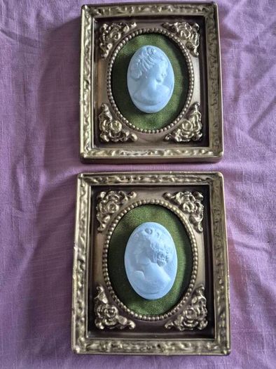 A pair of MidCentury Kelgin wall hanging Plaster  Vintage decorative pair of wall plaques featuring plaster cameos on green velvet background with ornate gold relief plaster frames