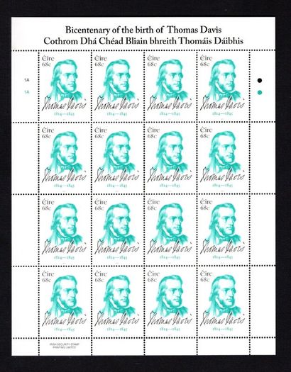 2014 Ireland Birth Centenary of Thomas Davis (Founder of the Young Ireland Movement) Commemorative Stamp Sheetlet Plate 1A1A1A1A Mint Never Hinged (MNH)