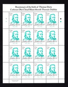 2014 Ireland Birth Centenary of Thomas Davis (Founder of the Young Ireland Movement) Commemorative Stamp Sheetlet Plate 1A1A1A1A Mint Never Hinged (MNH)