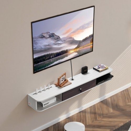 Floating TV Stand, 55 in Wall Mount Entertainment Center with Cable Hole, Modern Floating TV Shelf with Storage Cabinet, Particle Board Console for DVD Player, Cable Box, Game Console, White