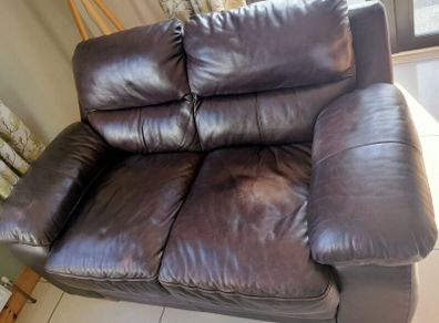 2 x two seater brown faux leather couches