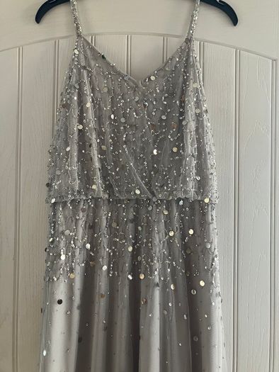 Brand New Silver Grey Chiffon & Sequin Floor Length Party Dress Size UK8