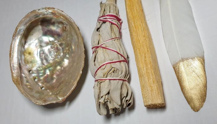 Smudging starter kit white sage stick, palo santo, abalone shell and feather to cleanse negative energy